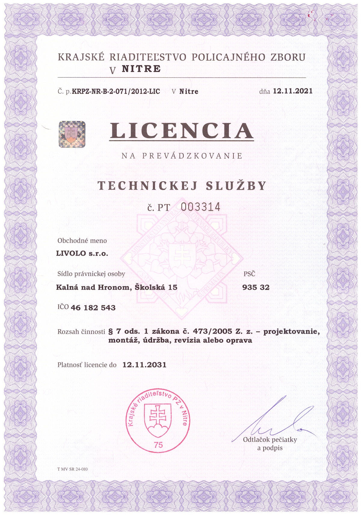 Licencia na prevádzkovanie technickej služby